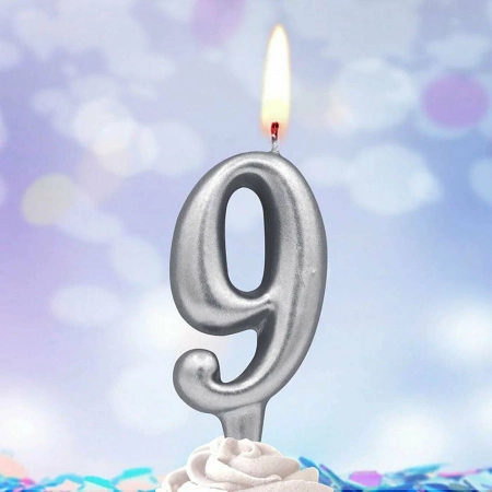 Свеча Цифра Серебряная "9"  7см. 1шт.